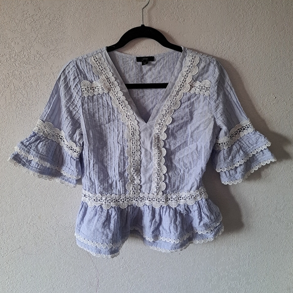 J. Crew Light Blue Lace Trimmed Short Sleeve Top - Picture 3 of 9